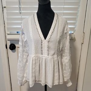 Harper White Embroidered V-Neck Peplum Blouse